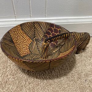 Vintage African Hand Carved Wooden Zebra Drinking From Bowl Trinket Dish
